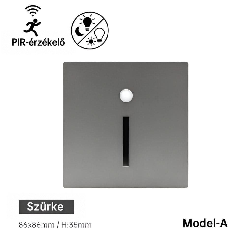 Szürke, négyzet alakú A modell elölnézetből, szenzorponttal és keskeny függőleges fényréssel 8