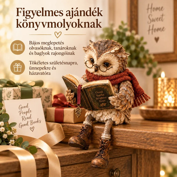 A bagolyfigura ajándékdobozok, szalagok és egy gyertya mellett áll egy fakomódon, ajándékötletként bemutatva 7