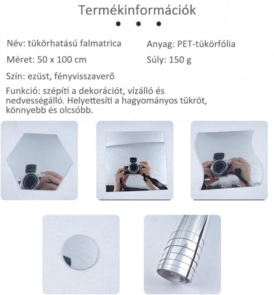 Terméktulajdonságok összefoglalója, alatta hatszög, négyzet és hullámos szélű tükörszeletek fényképezőgéppel, valamint egy 8