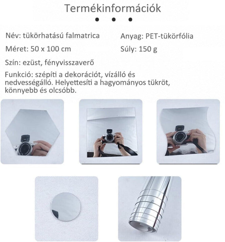 Terméktulajdonságok összefoglalója, alatta hatszög, négyzet és hullámos szélű tükörszeletek fényképezőgéppel, valamint egy 8