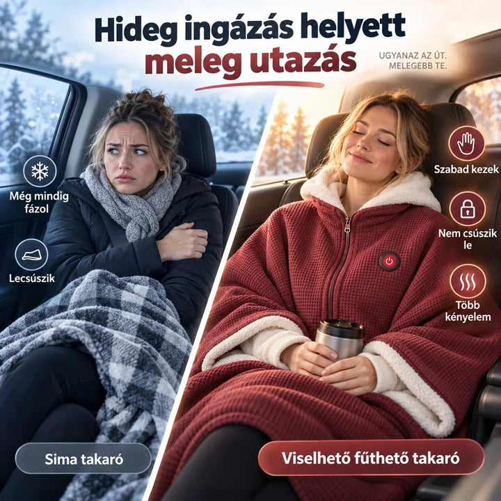 Összehasonlító kép: fázó utas hagyományos takaróval, mellette mosolygó nő a bordó viselhető takaróban az autóban 4