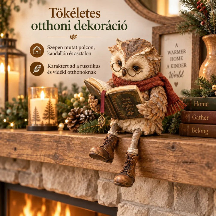 A bagolyfigura egy rusztikus kandallópárkány szélén ül, fenyőágak, tobozok, gyertyák és könyvek között. 5