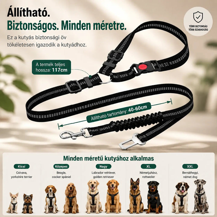 Az öv teljes hosszában kiterítve, mérettáblával, amely kistől óriás kutyafajtákig mutatja a megfelelő méretet 9