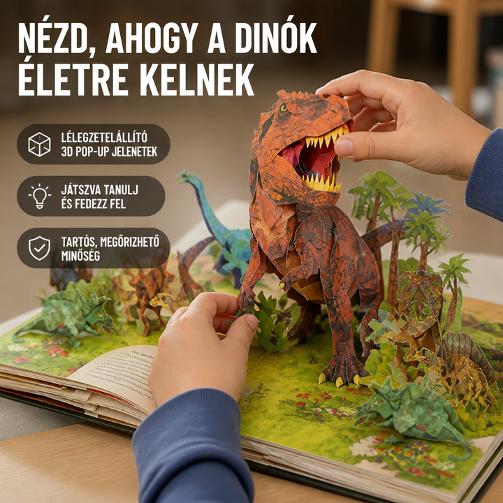 Közeli kép: két gyerekkéz érinti a nyitott könyvből kiálló, tátott szájú papír T-rexet és a körülötte álló dinókat 4