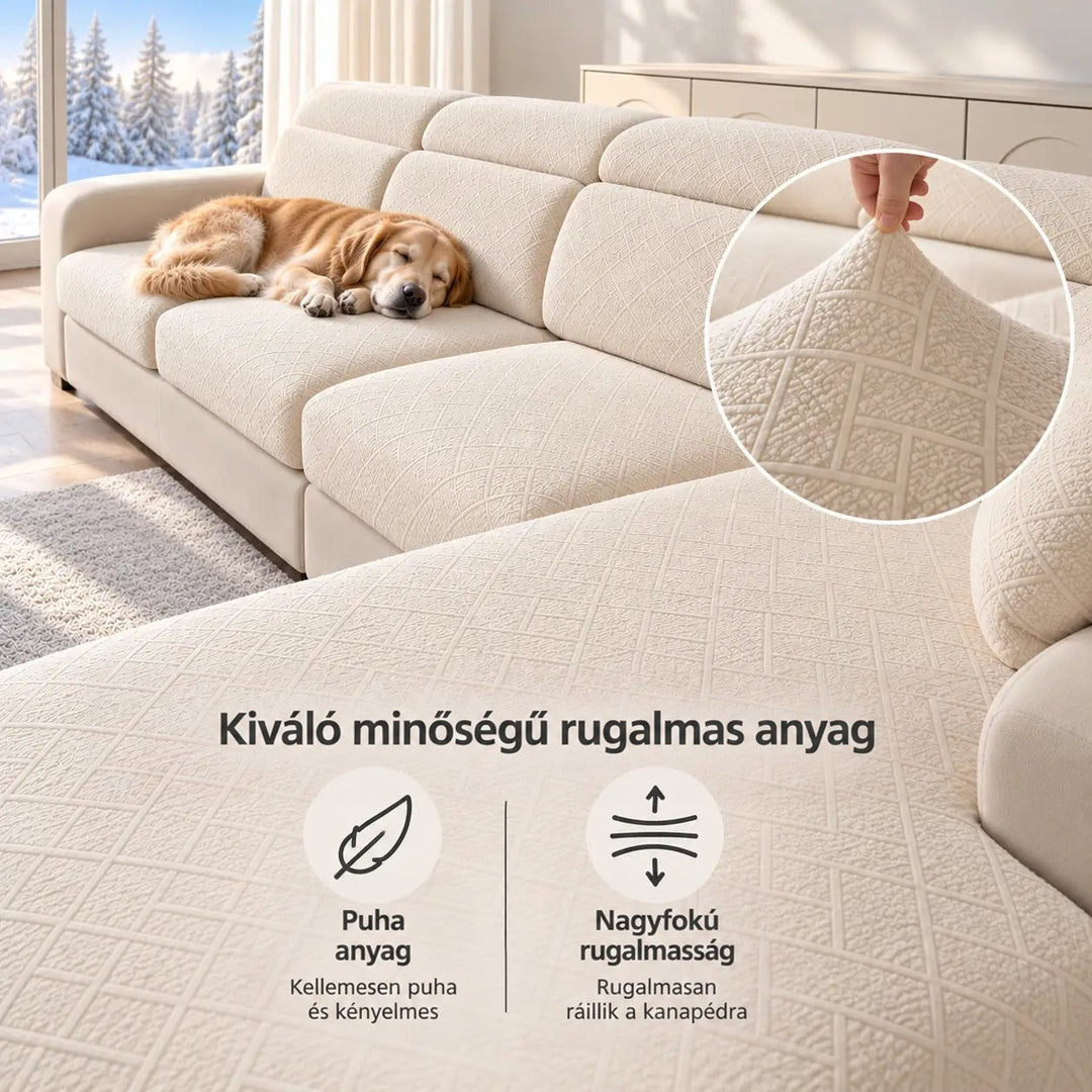Krémszínű huzatos kanapé alvó kutyával, kinagyított, kézzel megfogott rugalmas szövetrészlettel 3