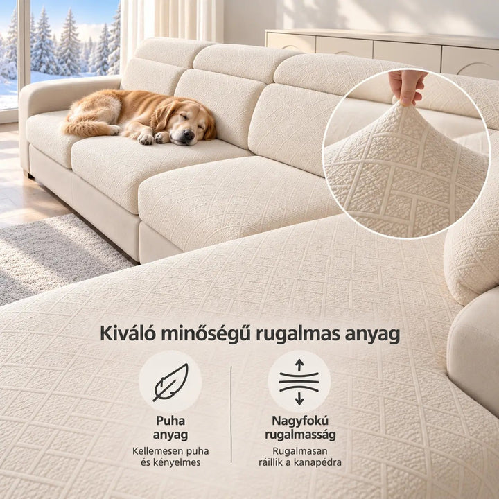 Krémszínű huzatos kanapé alvó kutyával, kinagyított, kézzel megfogott rugalmas szövetrészlettel 3