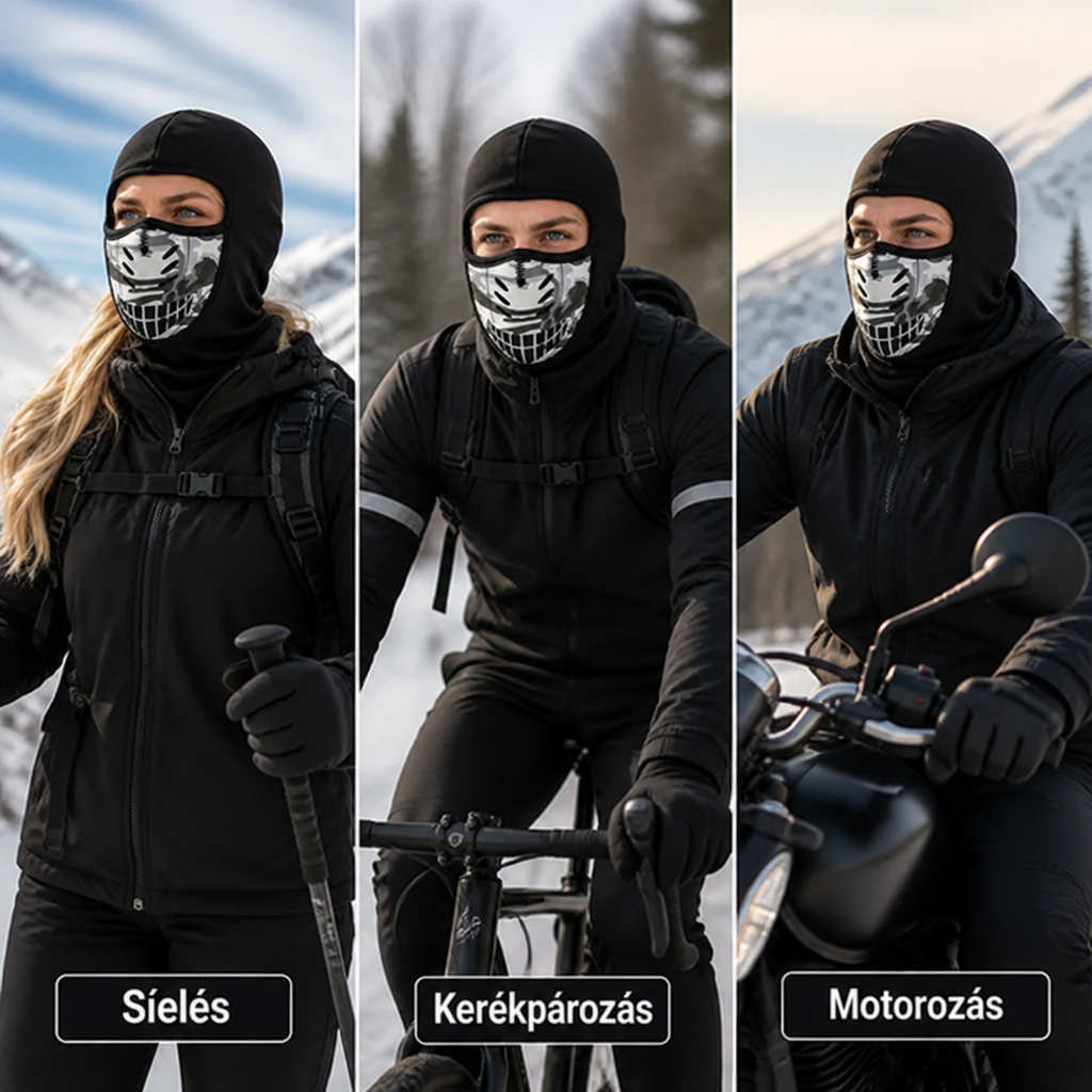 Három jelenet egymás mellett: a maszkot síelő nő, kerékpáros és motoros férfi viseli téli környezetben. 5