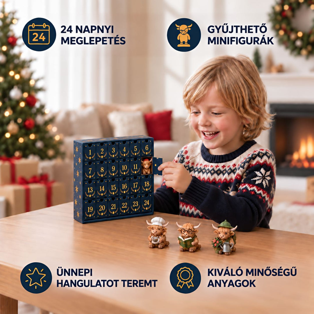 Mosolygó kisfiú kinyit egy ajtót a számozott advent naptáron, előtte három kicsomagolt figura áll az asztalon 7
