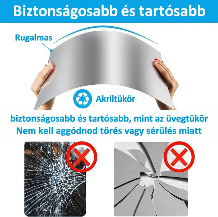 Két kéz meghajlít egy ezüst tükörlapot, alatta összetört üveg és tükör képe áthúzva a törésállóság bemutatására. 7