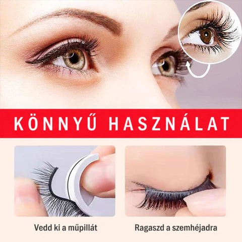 Használati útmutató: az arc közeli képén a szempillát leveszik a tartóról, majd ráragasztják a szemhéjra. 2