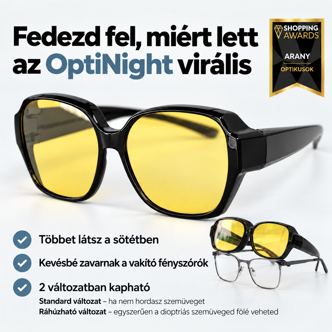 Sárga lencsés fekete szemüveg, jobb alul egy másik, dioptriás szemüveg fölé húzható változat kicsiben, felsorolt előnyökkel. 4
