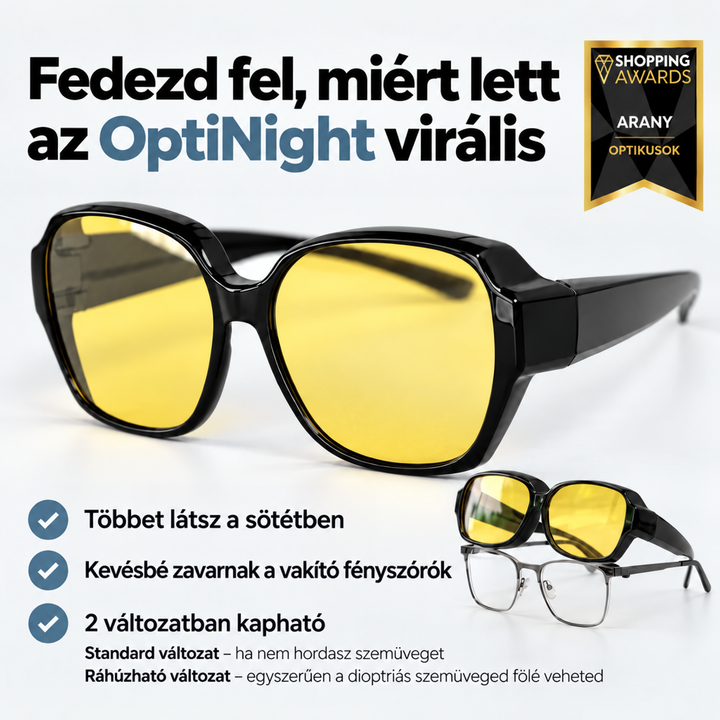 Sárga lencsés fekete szemüveg, jobb alul egy másik, dioptriás szemüveg fölé húzható változat kicsiben, felsorolt előnyökkel. 4