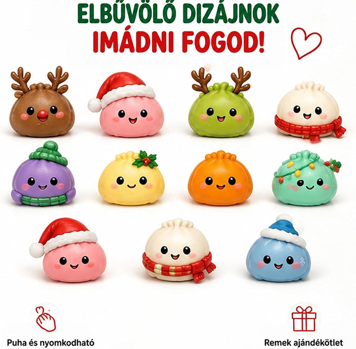 Tizenegy színes, mosolygós gombócfigura gyűjteménye sapkával, sállal és rénszarvasagancsokkal, fehér háttéren 3
