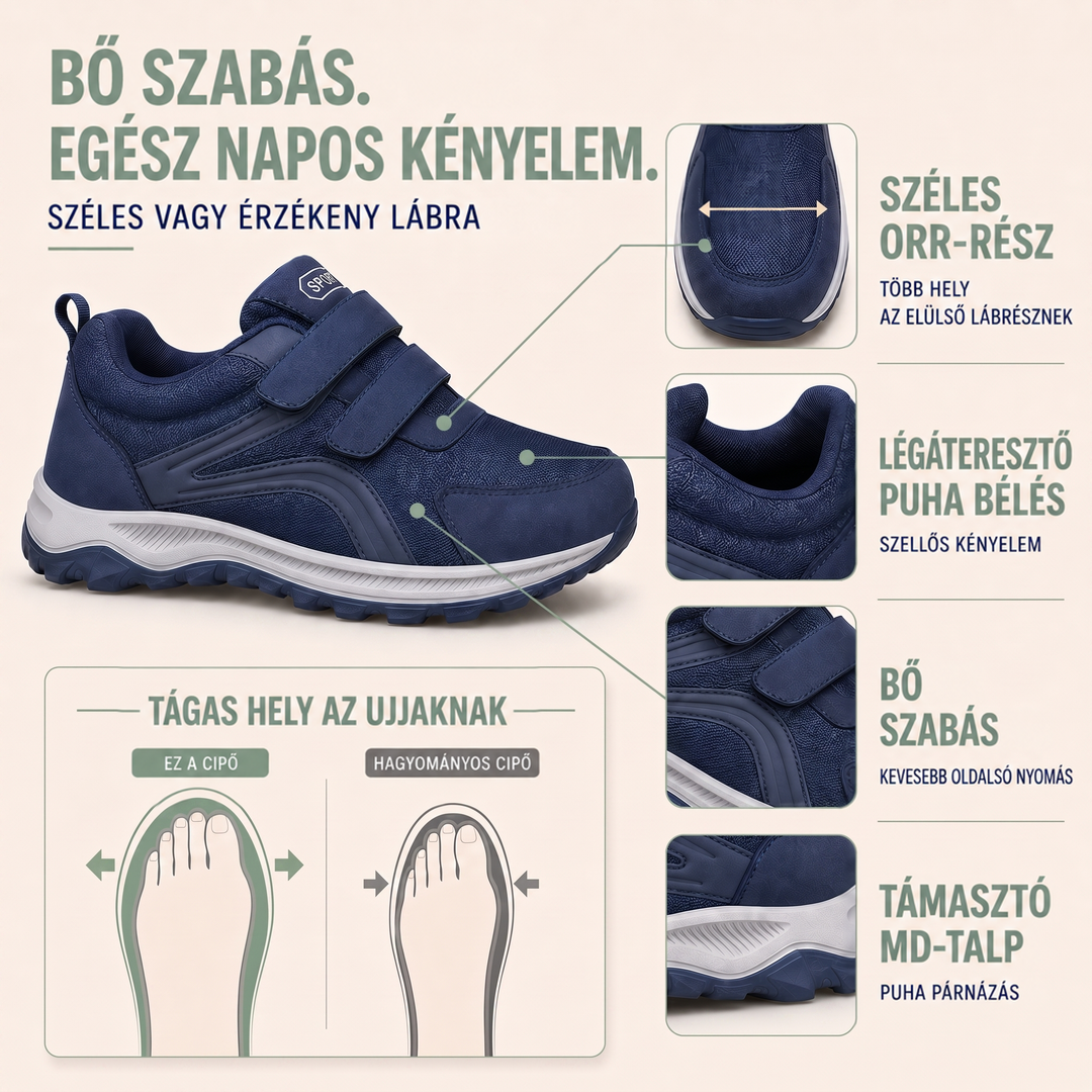 Kék cipő infografikán, amely a széles orrrészt és a hagyományos cipővel összevetett lábfejformát mutatja 3
