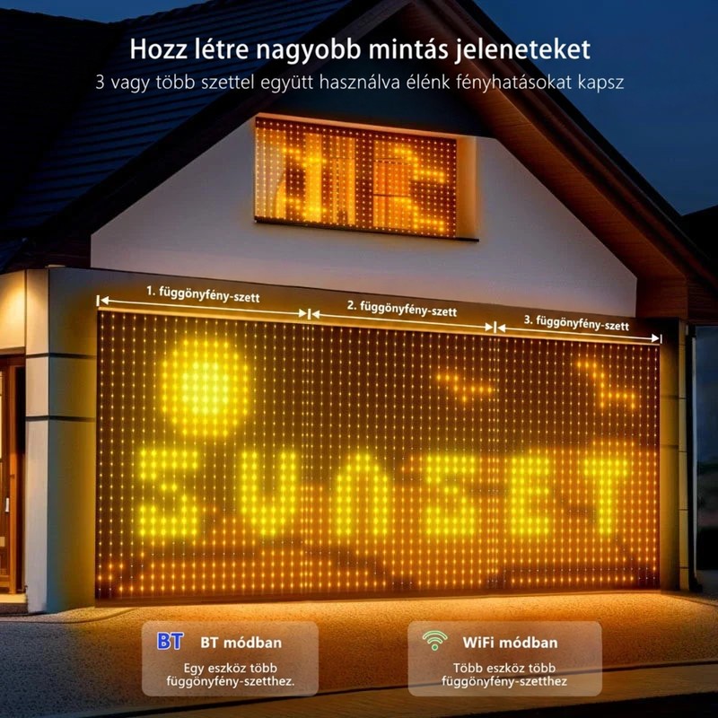 Ház homlokzatán három egymás mellé kapcsolt fényfüggöny, amely együtt egy nagy narancssárga feliratot és napot rajzol ki 8