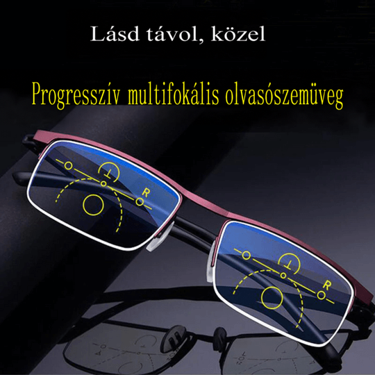 Bordó keretes, féligkeretes fokozatos szemüveg sötét háttér előtt, a lencséken sárga zónajelölésekkel. 3