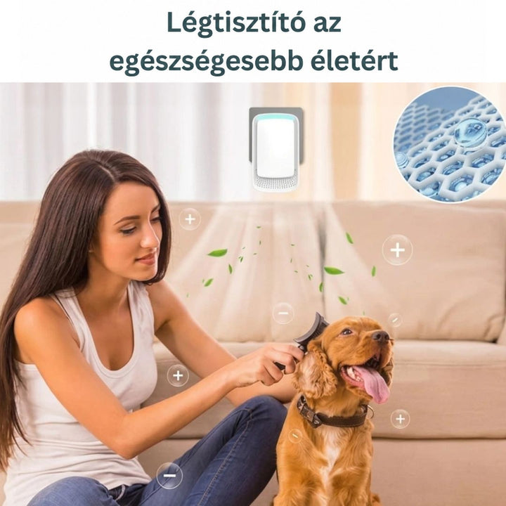 Nő kutyáját fésüli a kanapén, fölöttük a falon a készülék, körülötte plusz és mínusz ionjelek 10