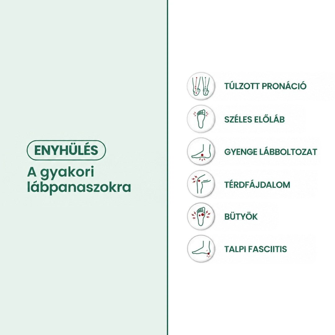 Tájékoztató grafika ikonokkal a gyakori lábpanaszok enyhítéséről, zöld-fehér elrendezésben. 12