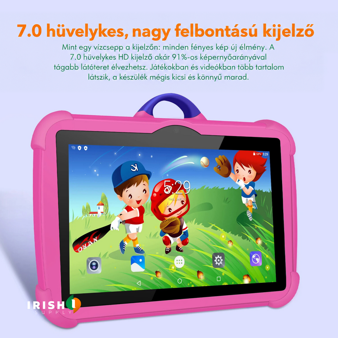 Ferdén álló rózsaszín tablet élénk, rajzfilmes baseball-háttérképpel a képernyőn 7