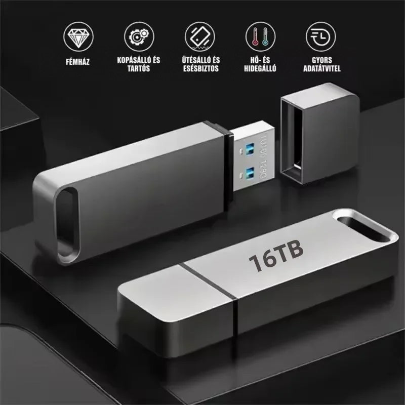 Fém pendrive-ok sötét felületen, kihúzott USB-dugóval és külön kupakkal, a kép tetején ikonsorral 5