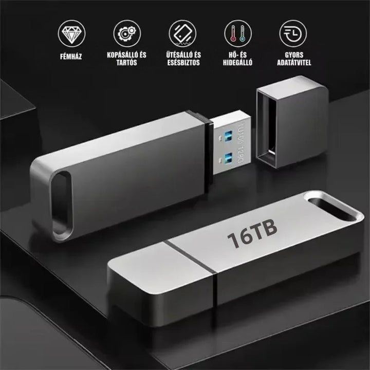 Fém pendrive-ok sötét felületen, kihúzott USB-dugóval és külön kupakkal, a kép tetején ikonsorral 5
