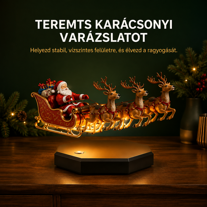 Lebegő szán rénszarvasokkal a fényes talpon, sötétzöld háttér előtt, fenyőágak és váza mellett 3