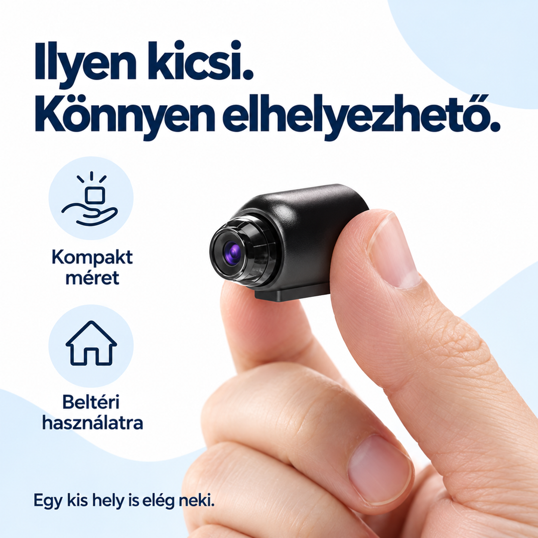 Apró fekete kamera két ujj közé fogva, a kis méretét mutatva 3