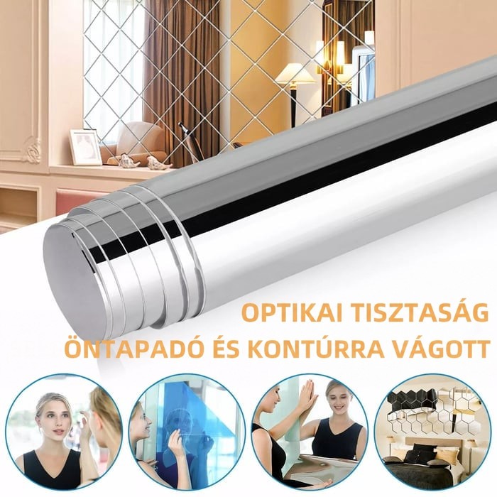 Feltekercselt ezüstös tükörfólia szalon háttér előtt, alatta kör alakú képeken arcot néző nők és hatszögletű tükrök a falon. 1
