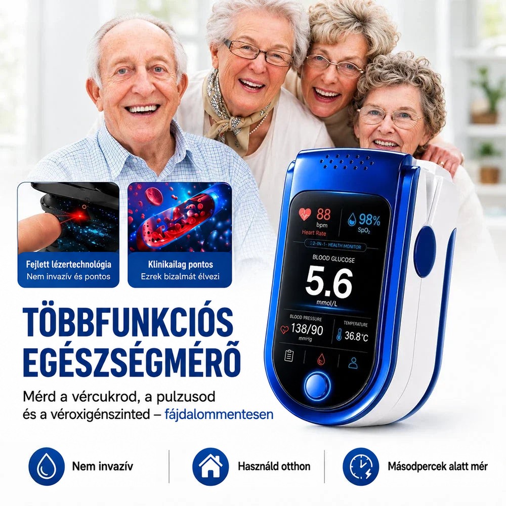 Négy mosolygó idős ember a kék-fehér ujjmérő mögött, mellette két kis kiemelt kép a mérőfejről és a vérsejtekről. 2