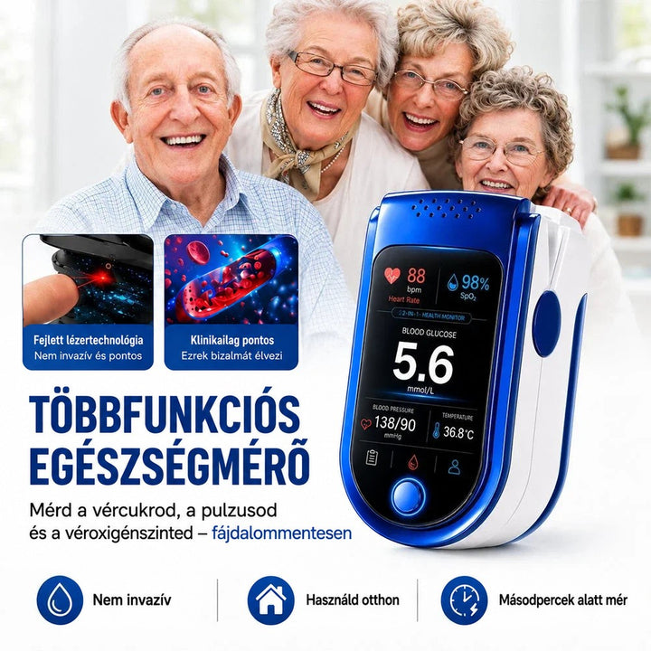 Mosolygó idős emberek csoportja a kék-fehér ujjmonitor mellett, két kis ábrával a mérési technológiáról. 2