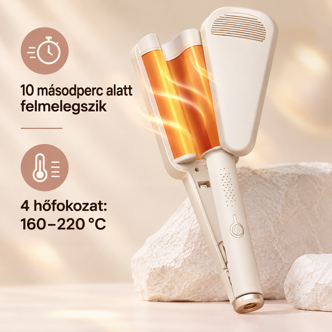 Bézs hullámosító vasaló izzó narancssárga fűtőhengerekkel, mellette gyors felfűtést és hőfokfokozatokat jelző ikonok 12