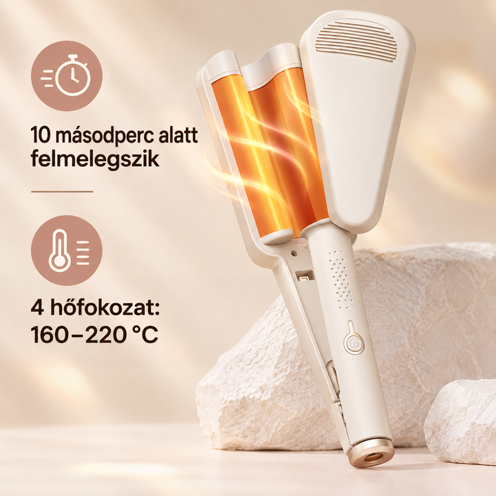 Bézs hullámosító vasaló izzó narancssárga fűtőhengerekkel, mellette gyors felfűtést és hőfokfokozatokat jelző ikonok 12