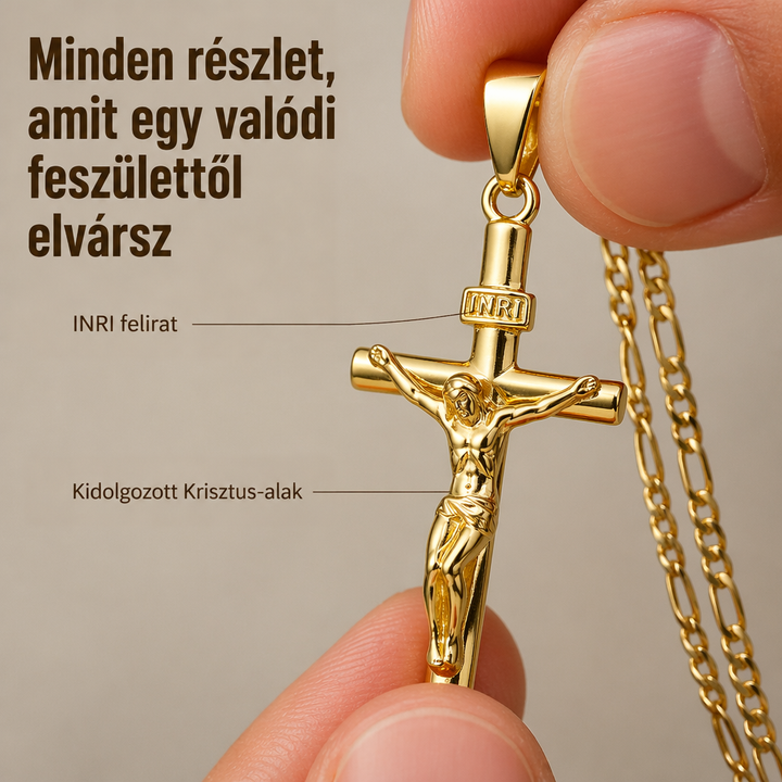 Ujjak között tartott aranyszínű feszület közelről, a plasztikus Krisztus-alak és a felirattábla jól látszik 2