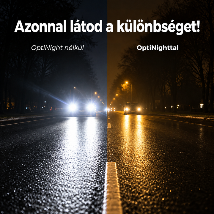 Megosztott éjszakai útfotó: balra vakító fényszórók nedves úton, jobbra a sárgás szűrőn át lágyabb, tisztább kép. 2