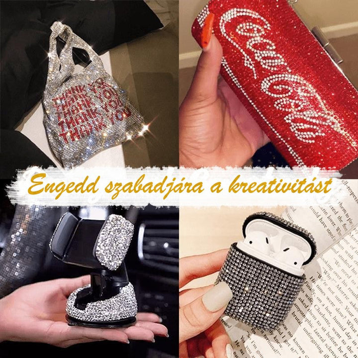 Négy csillogó strasszos kreáció: táska, piros kistáska, telefontartó és fülhallgatótok, német szöveges felirattal 9