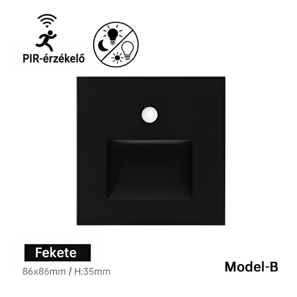 Fekete, négyzet alakú B modell elölnézetből, szenzorral és téglalap alakú süllyesztett fényablakkal 12