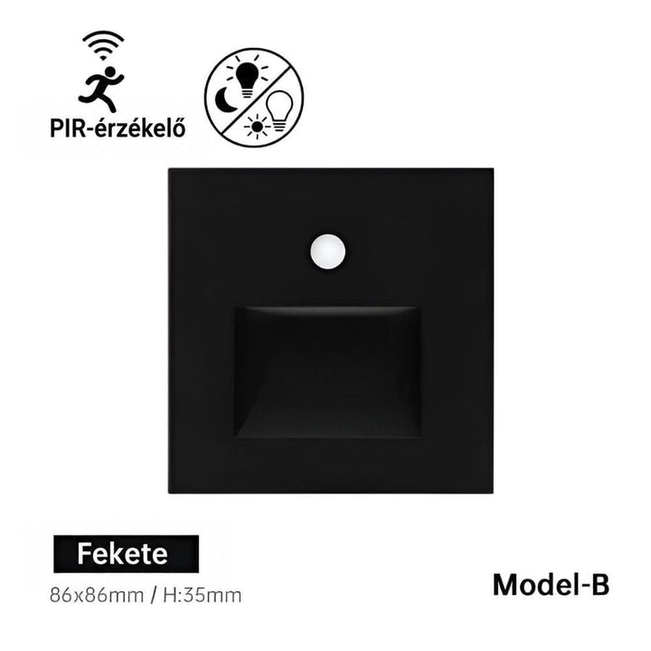 Fekete, négyzet alakú B modell elölnézetből, szenzorral és téglalap alakú süllyesztett fényablakkal 12