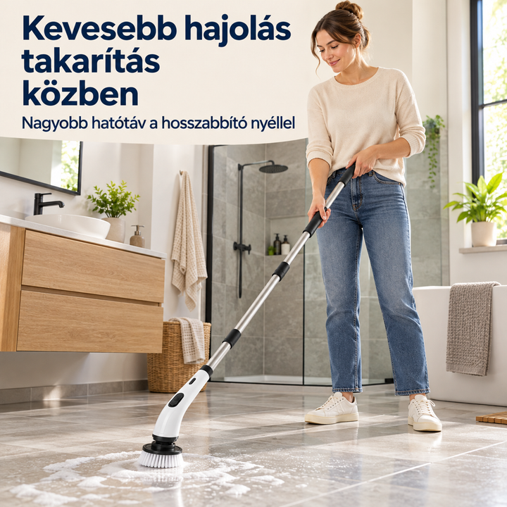 Nő egyenes tartással, a hosszú nyelű kefével habos fürdőszobai járólapot súrol, hajolgatás nélkül 10