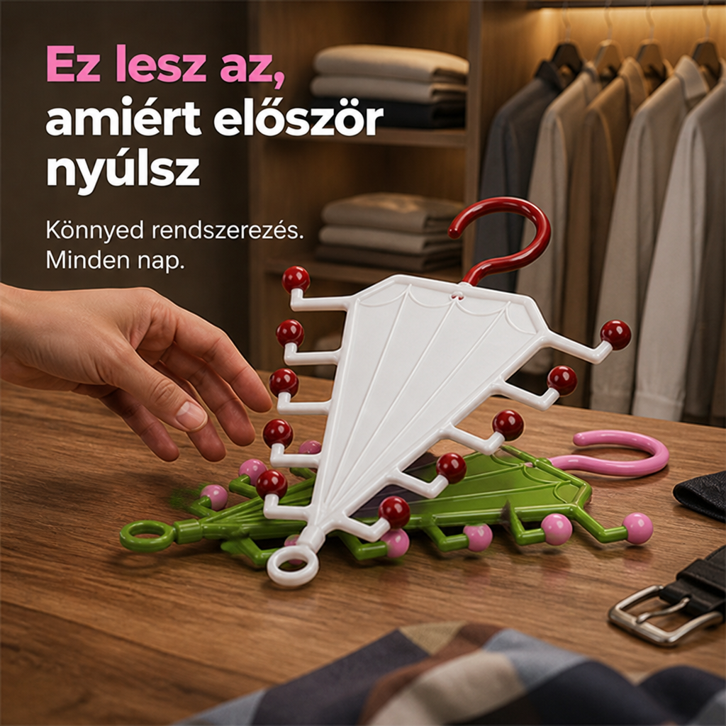 Fehér és zöld akasztó fa asztalon fekszik, kéz nyúl utána, háttérben ruhásszekrény 6