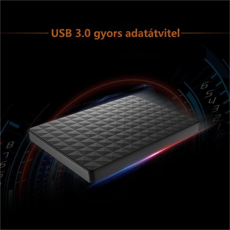 A merevlemez sötét, sebességmérős hátterű grafikán, a gyors USB 3.0 adatátvitelt szemléltetve 4
