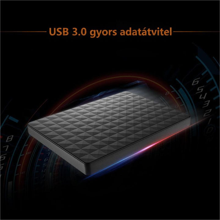 A merevlemez sötét, sebességmérős hátterű grafikán, a gyors USB 3.0 adatátvitelt szemléltetve 4