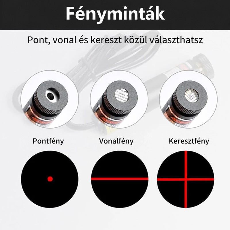 A lézerfej három lencsecserés változata közelről, alatta a pont, az egyenes vonal és a kereszt alakú fény 7