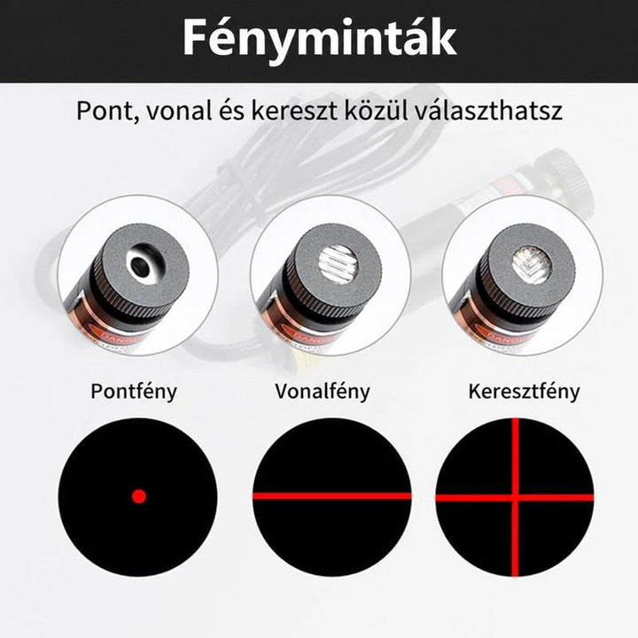 A lézerfej három lencsecserés változata közelről, alatta a pont, az egyenes vonal és a kereszt alakú fény 7