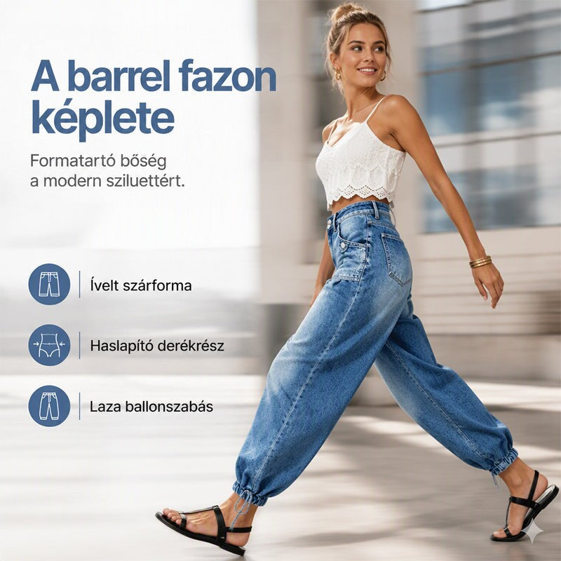 Mosolygó modell lendületes léptekkel sétál a bő szárú, ívelt vonalú farmerben, fehér csipkés topban és fekete szandálban. 4