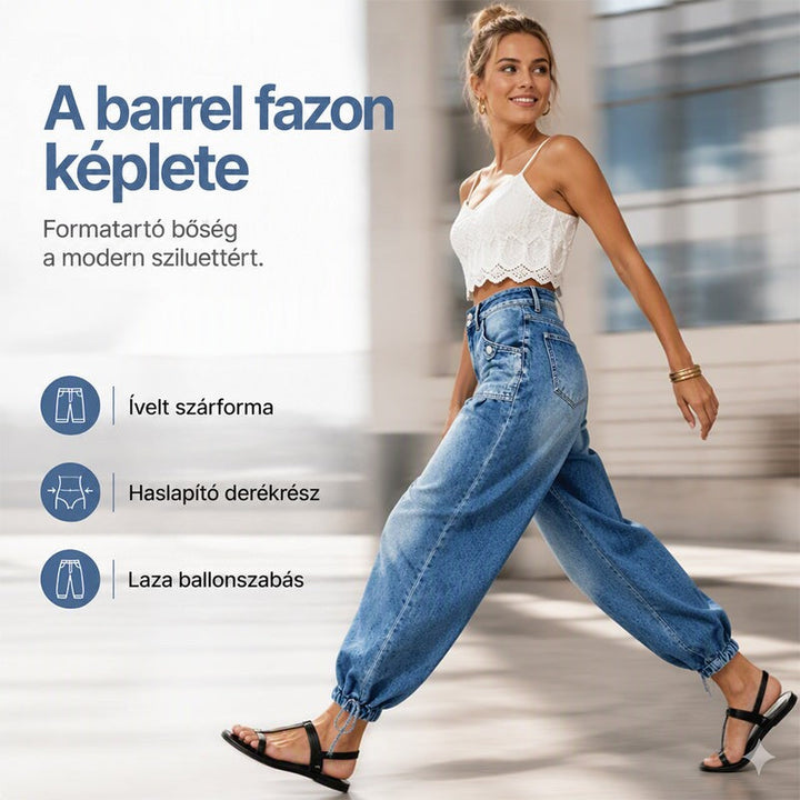 Mosolygó modell lendületes léptekkel sétál a bő szárú, ívelt vonalú farmerben, fehér csipkés topban és fekete szandálban. 4