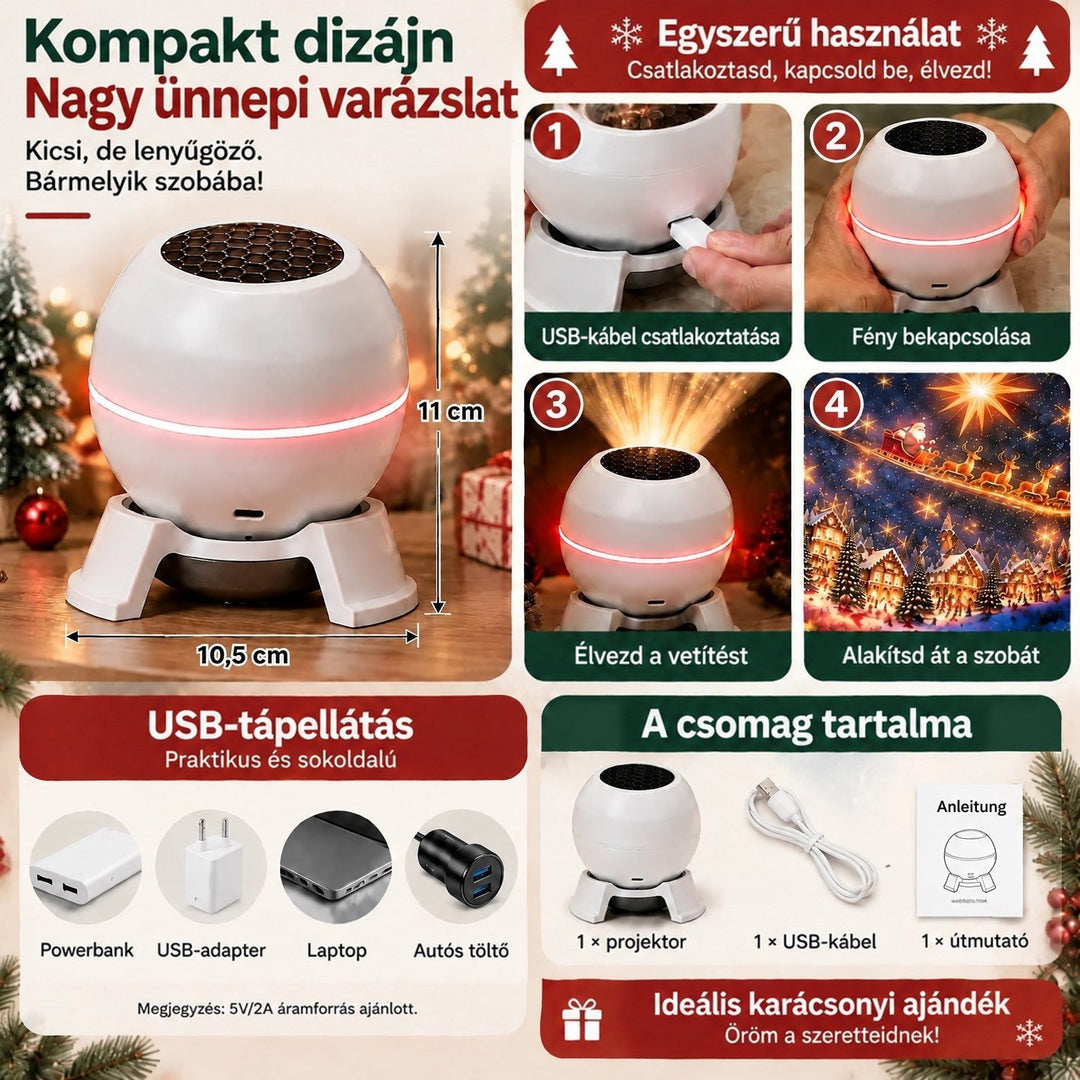 Tájékoztató kép méretekkel, négy lépéses használattal, USB-s áramforrásokkal és a csomag tartalmával: projektor, kábel 5