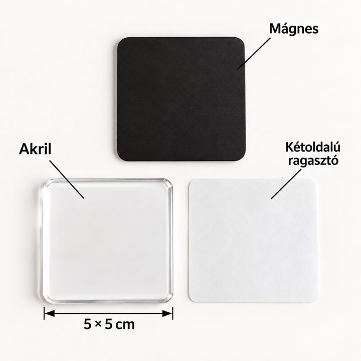 Egy négyzet alakú készlet alkatrészei: fekete mágnes, átlátszó akril és kétoldalas ragasztó, 5×5 cm-es mérettel 8