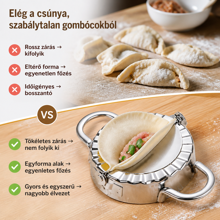 Összehasonlító kép: fent egyenetlenül hajtogatott, szakadozó gombócok, lent a formával készülő, húsos-újhagymás töltelékű gombóc. 2