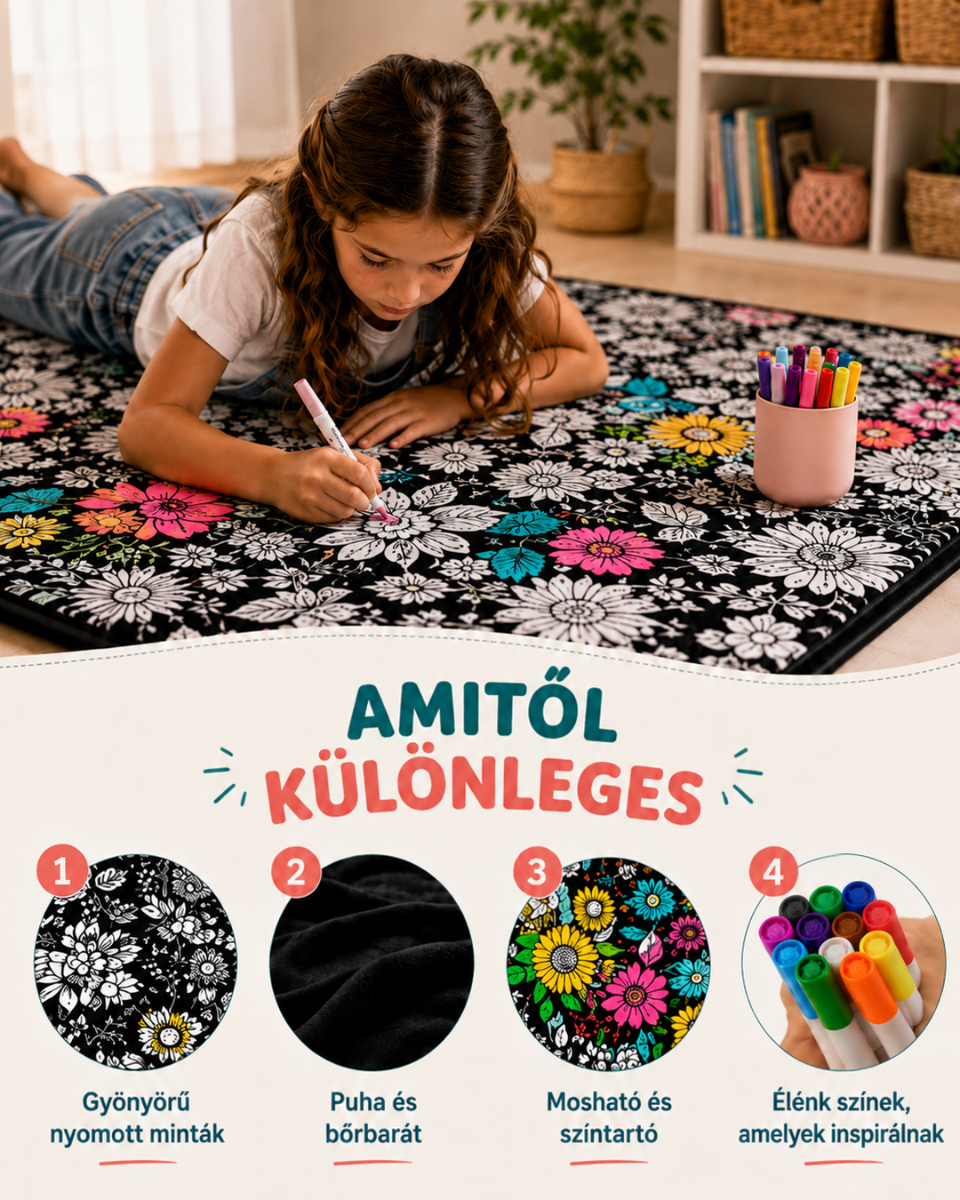 Hasaló kislány filctollal színezi a takarót, alatta a minta, a puha anyag és a filcek részletei 6