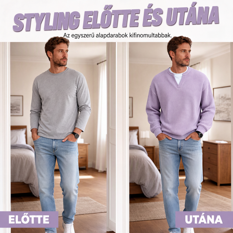 Előtte-utána kép: balra szürke sima hosszú ujjú felső, jobbra ugyanaz a férfi a lila gofrimintás felsőben, farmerrel. 2